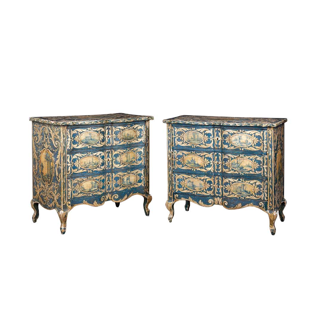 Appraisal: Pair of Italian Baroque Polychrome Decorated Commodes Each rectangular top