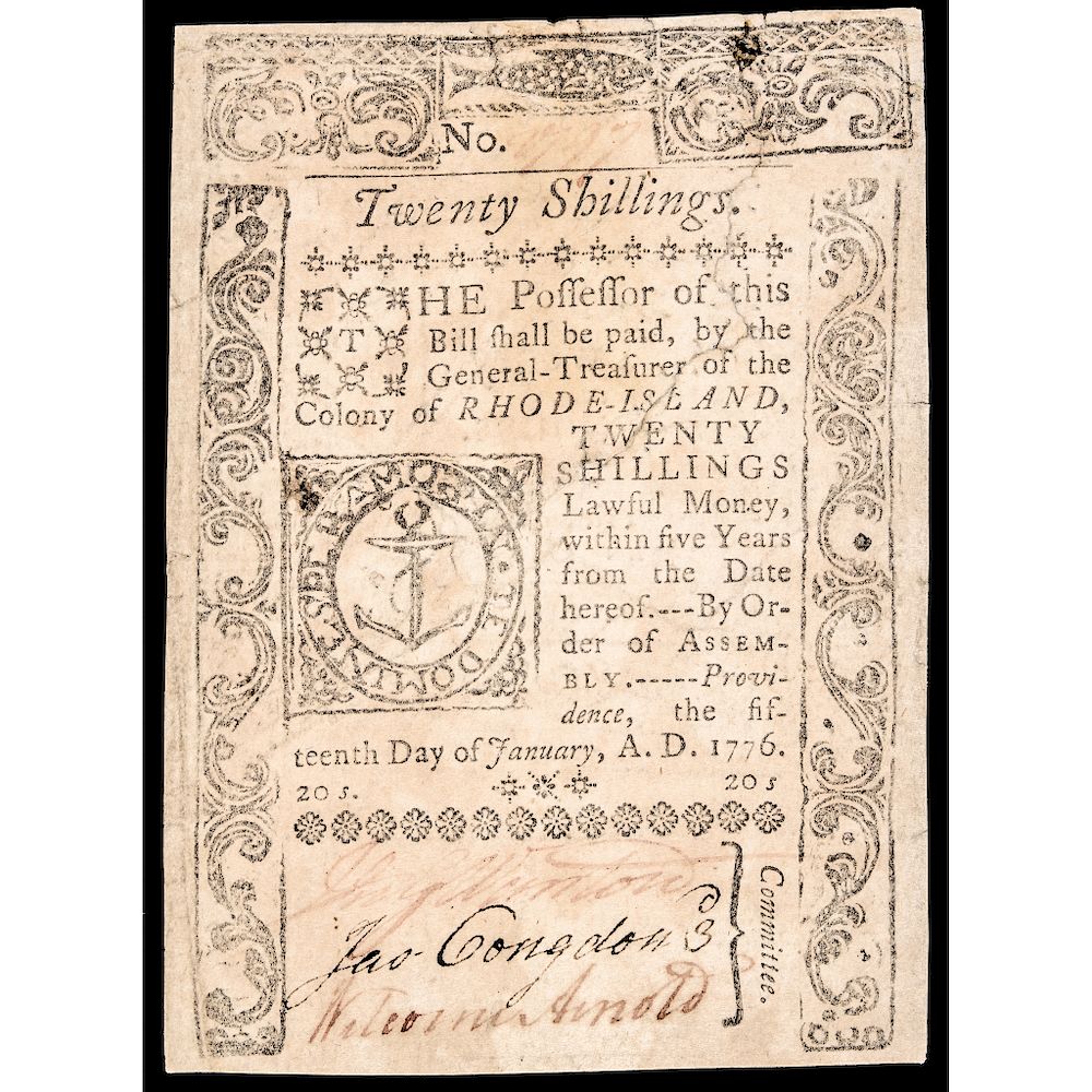 Appraisal: Colonial Currency Rhode Island January Shillings Very Fine Rhode Island