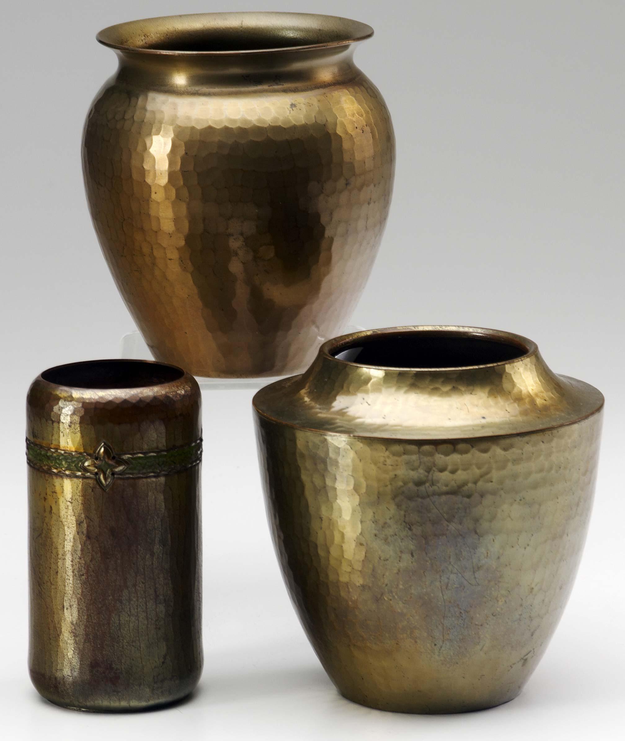 Appraisal: ROYCROFT Three brass-washed hammered copper vases one with green enamel