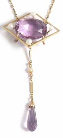 Appraisal: AMETHYST AND SEED PEARL PENDANT NECKLACE K yellow gold diamond-shaped