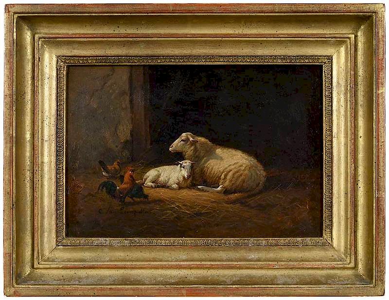 Appraisal: Cornelis van Leemputten Belgian Sheep Resting in a Barn signed