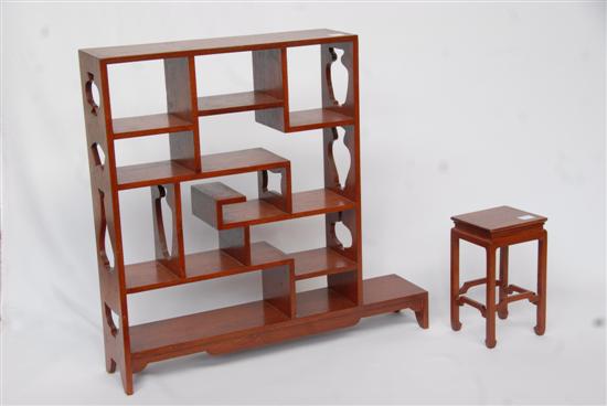 Appraisal: MINIATURE ETEGERE AND TABORET Rosewood Taboret H L Etegere