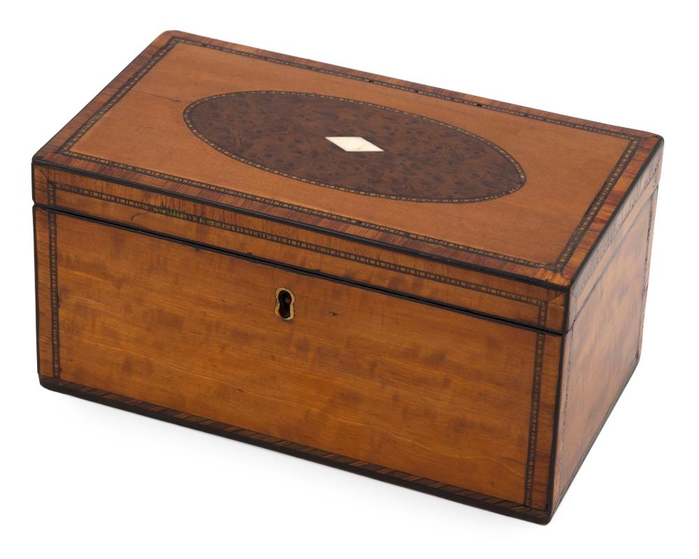 Appraisal: ENGLISH TEA CADDY th Century In maple fruitwood and burlwood