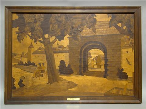 Appraisal: ITALIAN STYLE MARQUETRY PANEL 'THE VILLAGE GATE ITALY' The rectangular