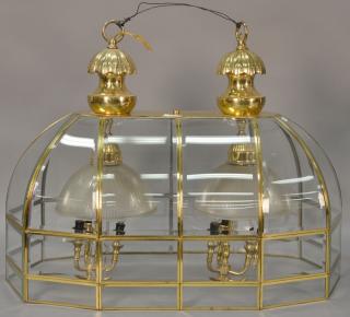 Appraisal: Large brass with bevel glass hanging light lg Large brass