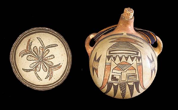 Appraisal: Two Pueblo polychrome items Including a Hopi canteen painted on