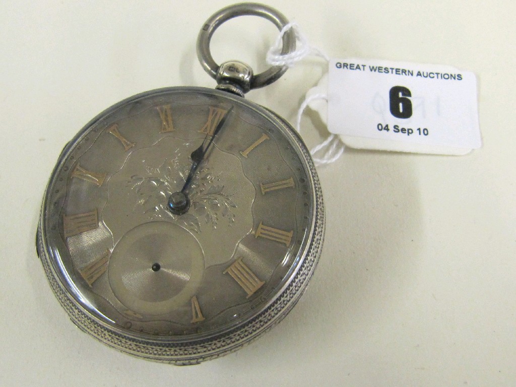 Appraisal: Silver pocket watch with silver dial and gold Roman numerals