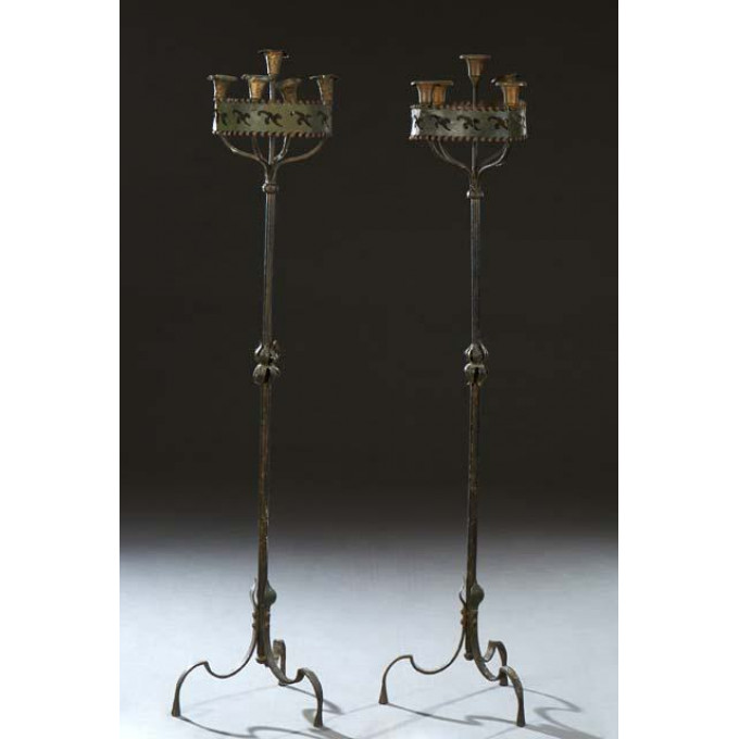 Appraisal: Pair of Wrought Iron Five Light Floor Candelabra with brass