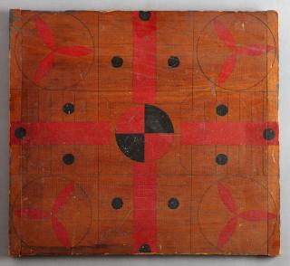 Appraisal: Carved and Polychromed Mahogany Parcheesi Game Boa Carved and Polychromed