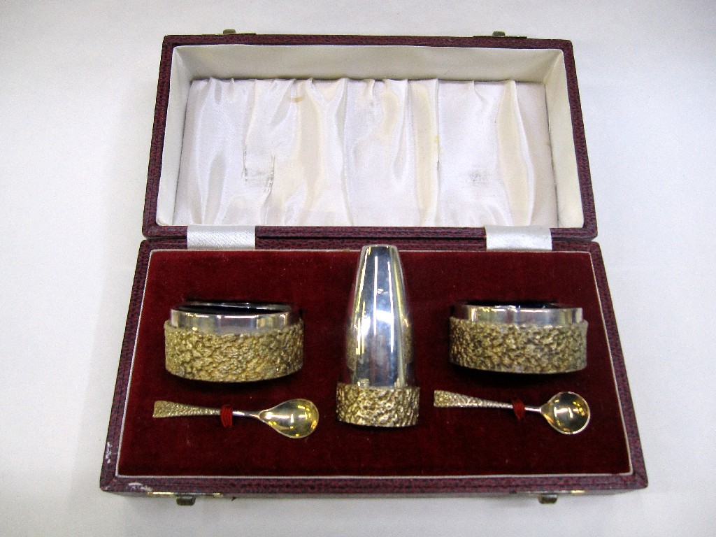 Appraisal: Cased three piece silver condiment set by Deacon Francis Birmingham