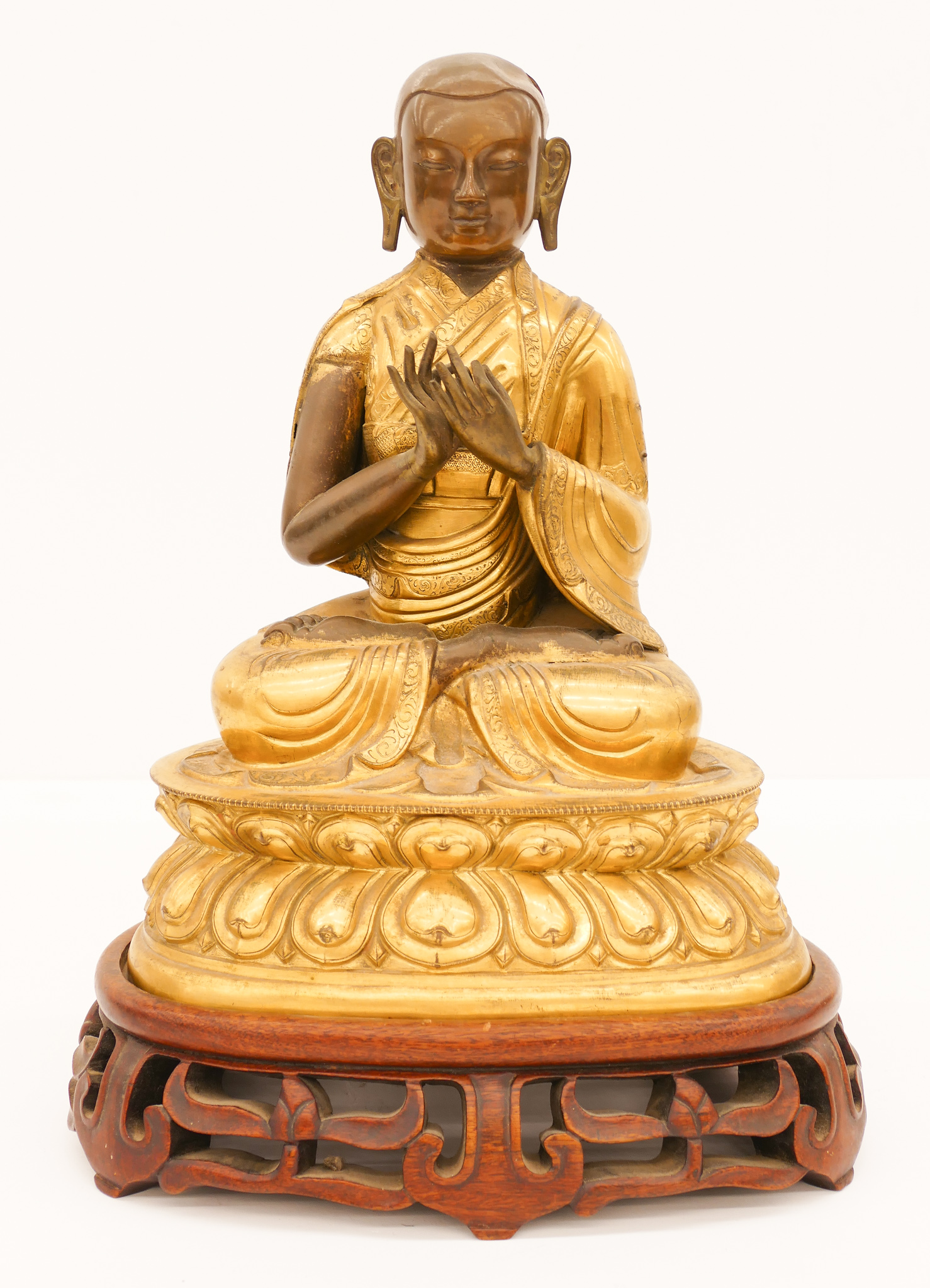 Appraisal: Tibetan th Cent Parcel Gilt Copper Lama on Stand ''x