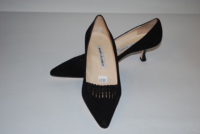 Appraisal: Manolo Blahnik black suede pump with heel and woven detail