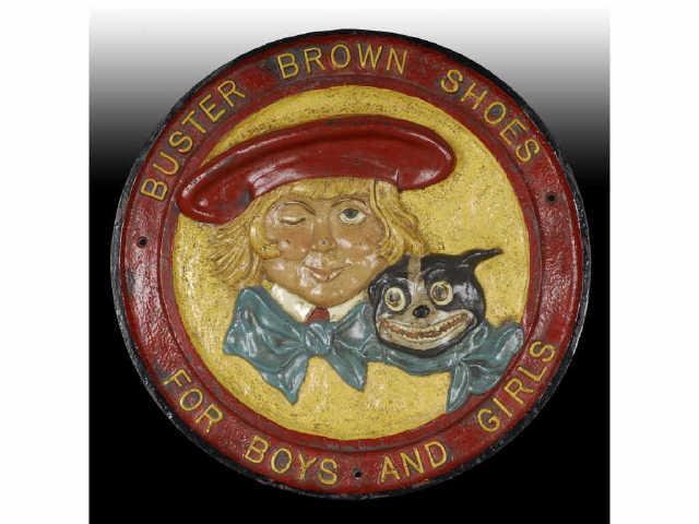 Appraisal: Cast Iron Buster Brown Shoes Advertising Sign Description Superb three