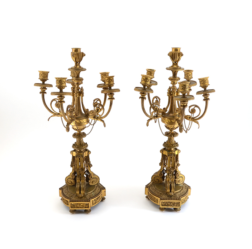 Appraisal: PAIR OF FRENCH HEAVY CAST BRONZE LIGHT CANDELABRA Center light