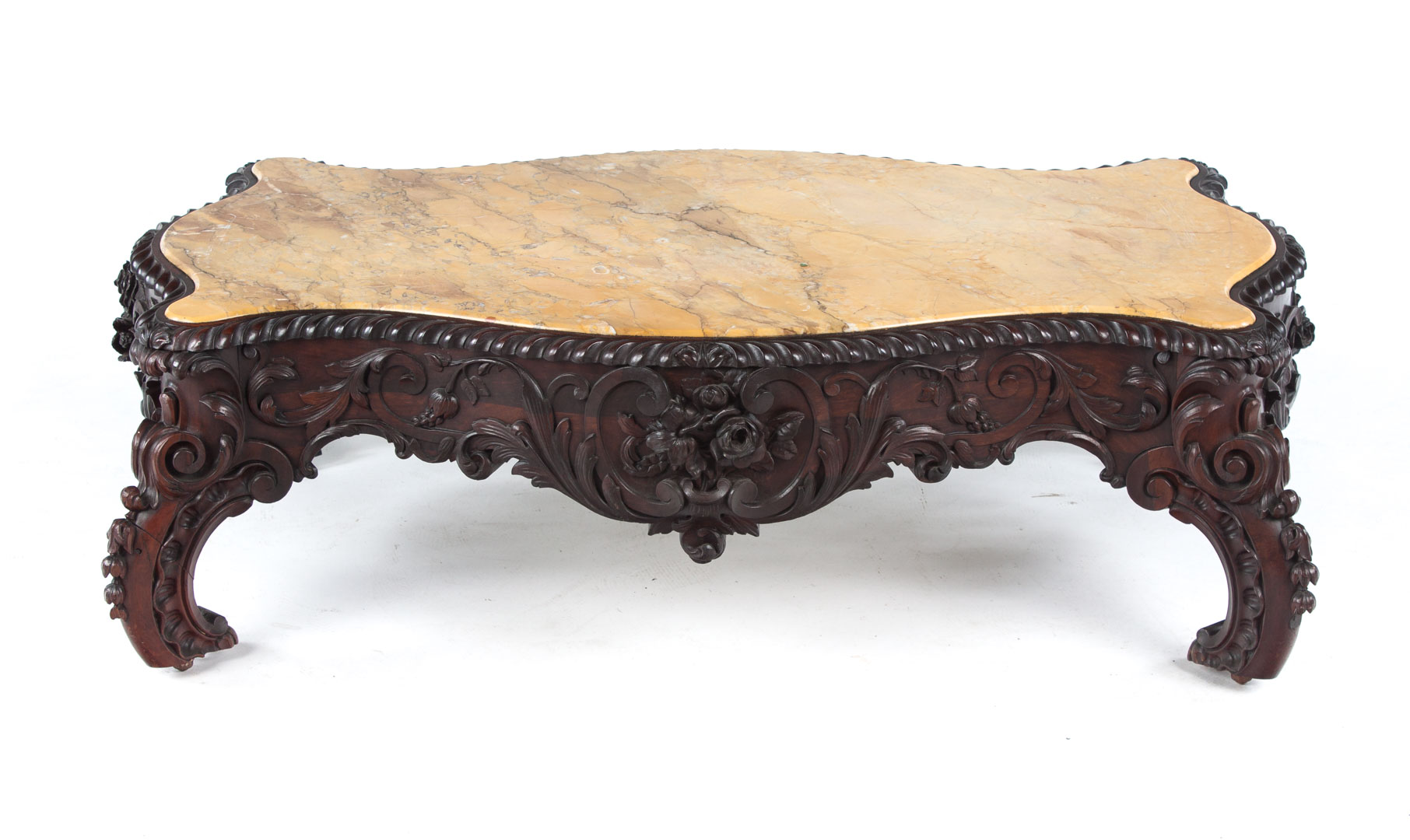 Appraisal: American carved rosewood marble top coffee table Rococo Revival style