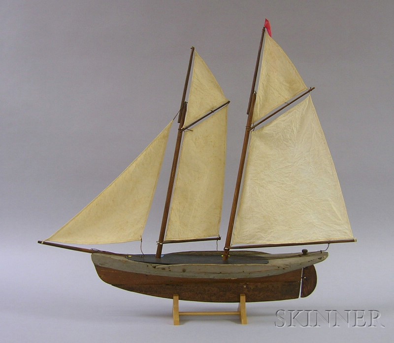 Appraisal: Folk Carved and Painted Wood Two-masted Sailboat Model with wrought