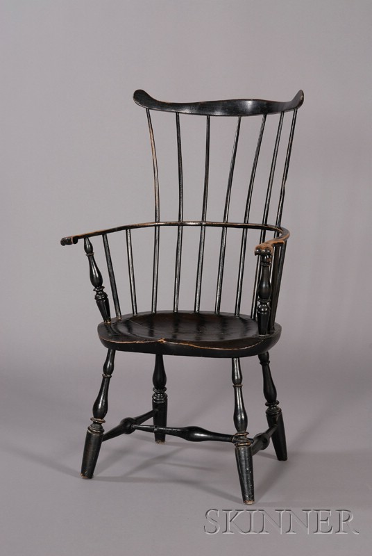 Appraisal: Black-painted Windsor Fan-back Armchair New England late th century with