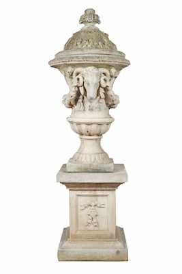 Appraisal: A Monumental Ram's Head Garden Urn Cement lidded urn raised