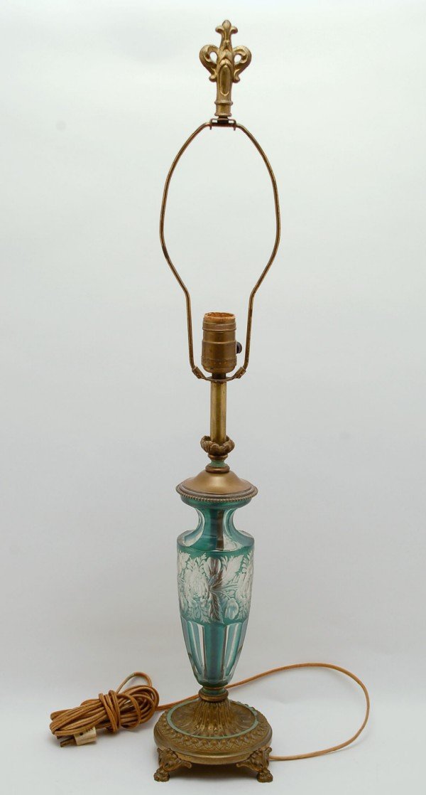 Appraisal: Table lamp of green cut to clear glass baluster form