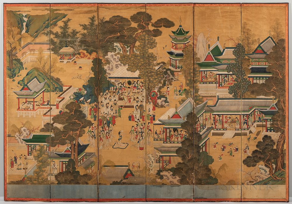 Appraisal: Six-panel Folding Screen Gwakbunyang Haengnakdo Six-panel Folding Screen Gwakbunyang Haengnakdo