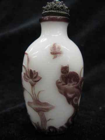 Appraisal: Chinese Snuff Bottle cameo glass one side with cat floral