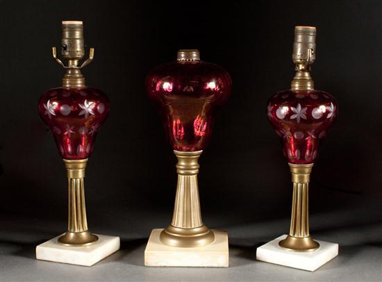 Appraisal: Pair of American cranberry etched-to-clear glass brass and marble oil