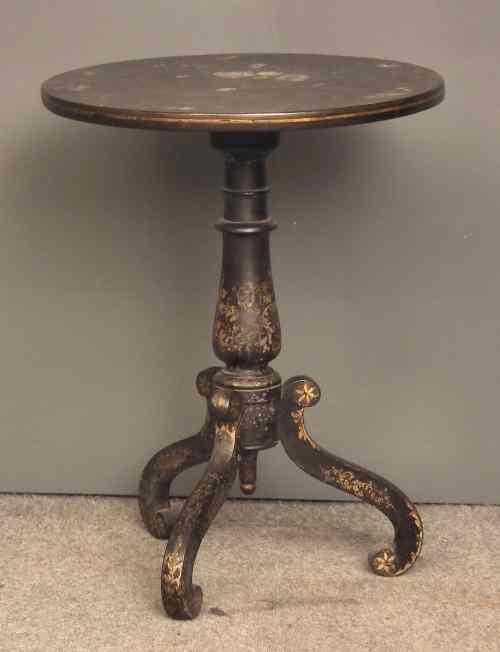 Appraisal: A Victorian black papier-mache circular tripod table the topographical decorated