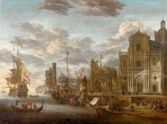 Appraisal: STORCK JACOBUS before Amsterdam Mediterranean harbour view with architecture Oil