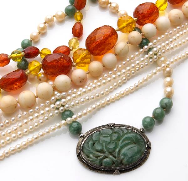 Appraisal: A collection of coral cultured pearl jade amber k gold