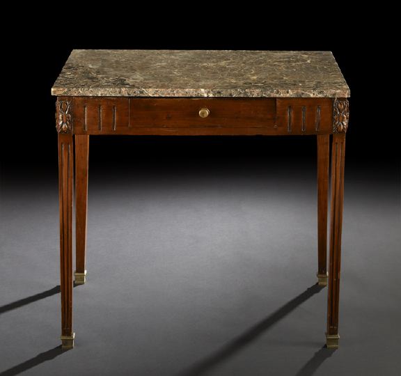 Appraisal: Provincial Louis XVI-Style Oak and Marble-Top Occasional Table first quarter