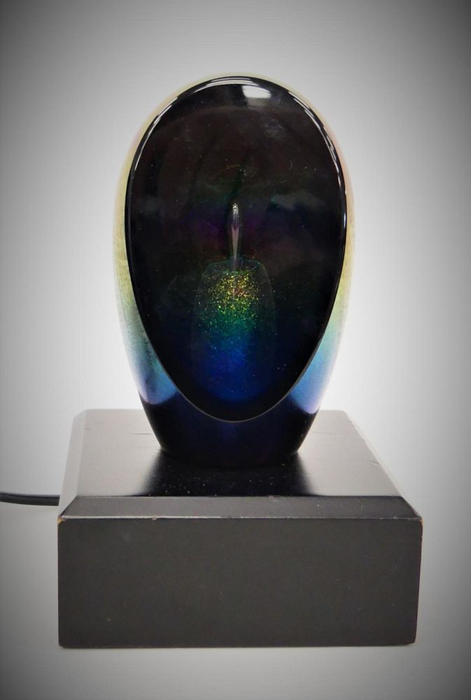 Appraisal: SIGNED IRIDESCENT ART GLASS PAPERWEIGHT w BASE Signed iridescent hand