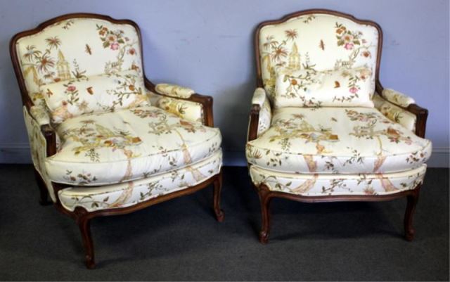 Appraisal: Pair of Upholstered Louis XV Style Arm Chairs Beautifully upholstered