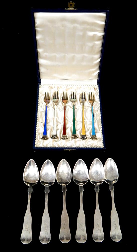 Appraisal: COIN AND STERLING SILVER Enameled box set of seafood forks