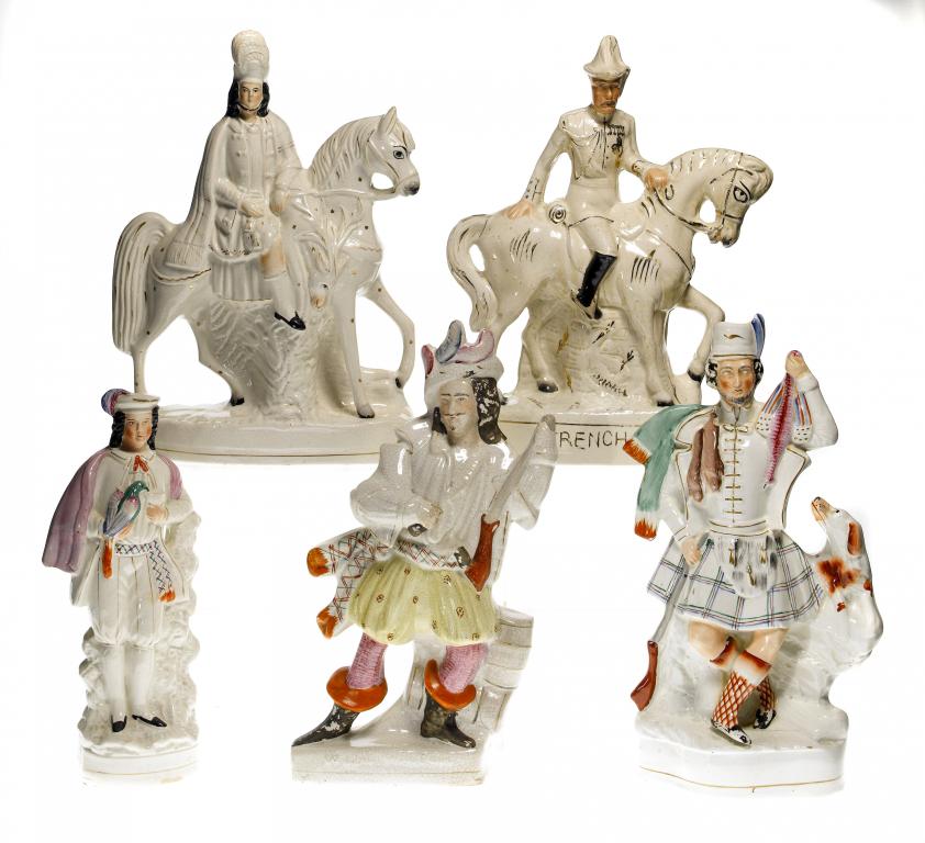 Appraisal: FIVE STAFFORDSHIRE FIGURES AND FLATBACKS including two equestrian models one