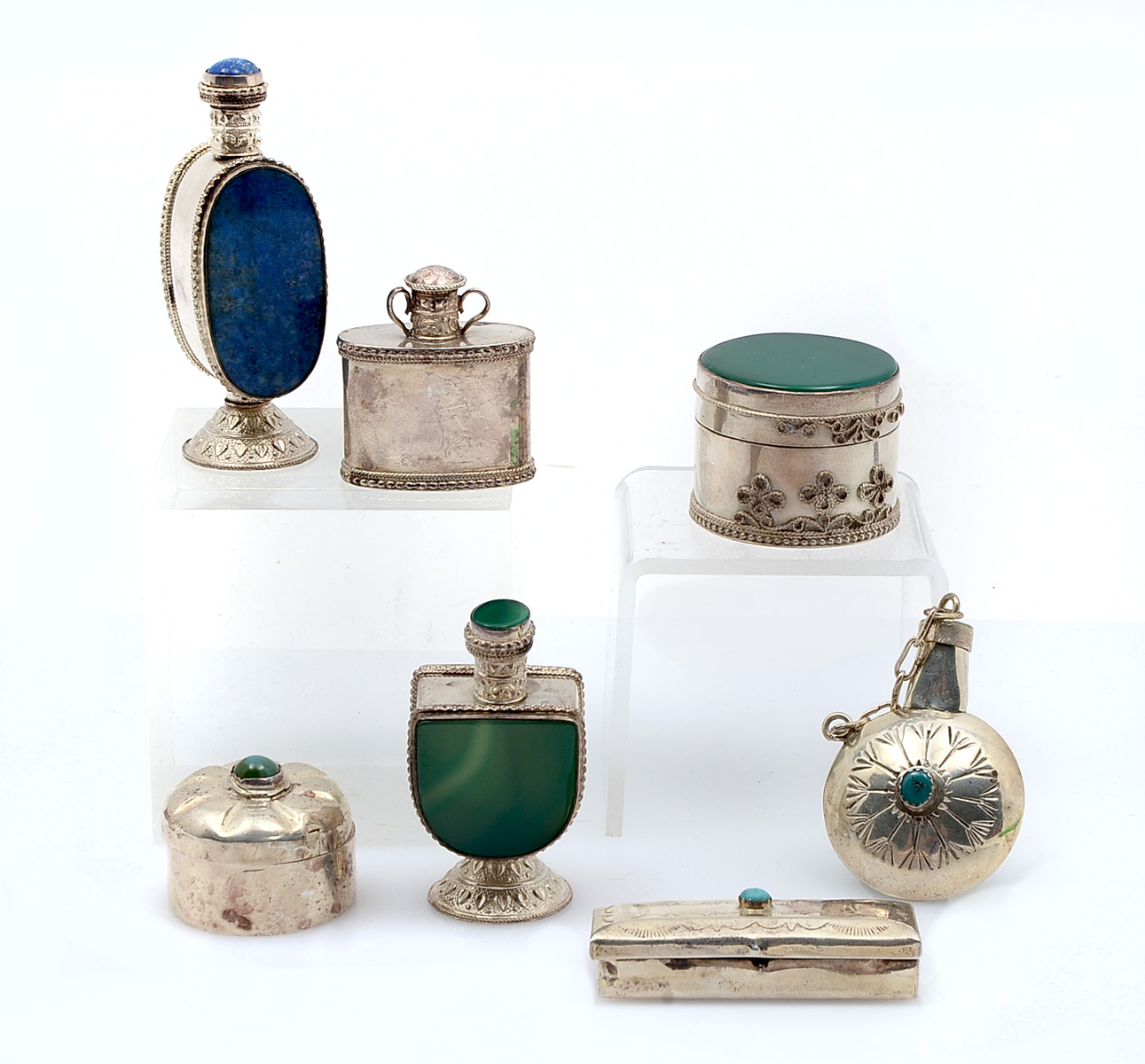 Appraisal: PC STERLING NATURAL STONE CONTAINERS SNUFF BOTTLES Sterling Silver snuff