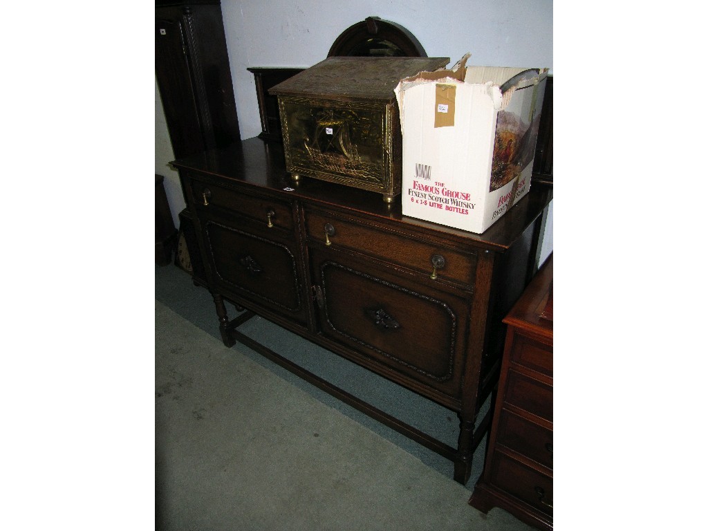 Appraisal: Lot comprising oak mirror back sideboard an oak log box