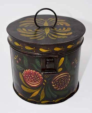 Appraisal: Tin tole decorated hinged lid container Tin tole decorated hinged