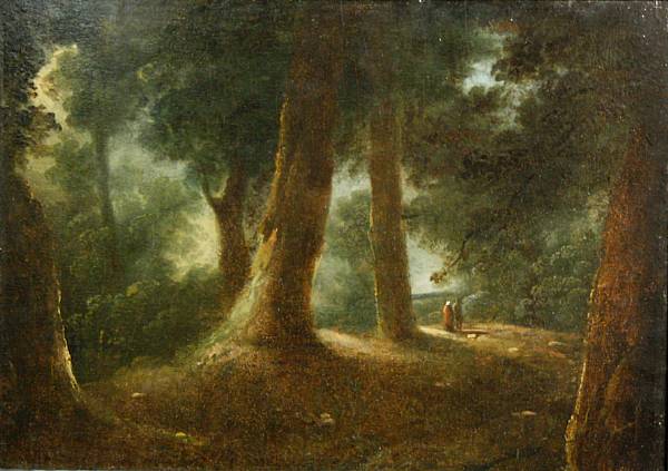 Appraisal: Dutch School A wooded landscape with two figures on a