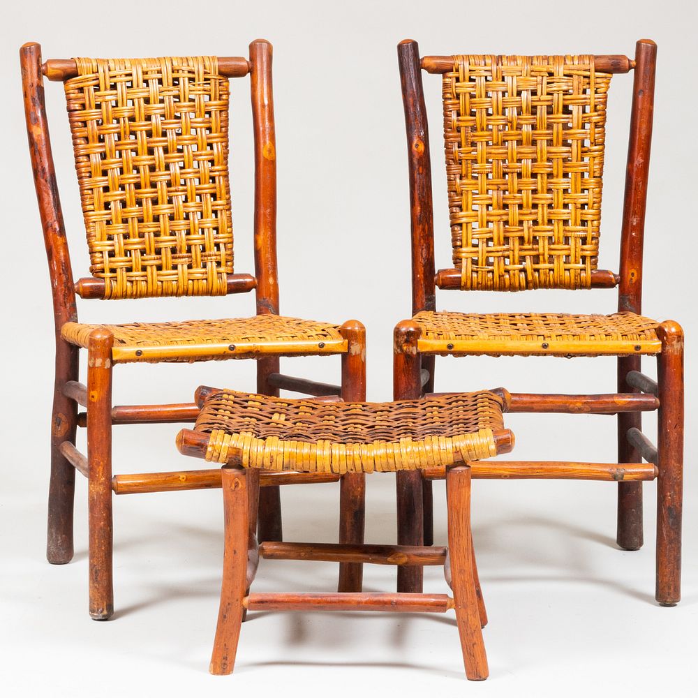 Appraisal: Pair of Rustic Wood and Woven Side Chairs Together with