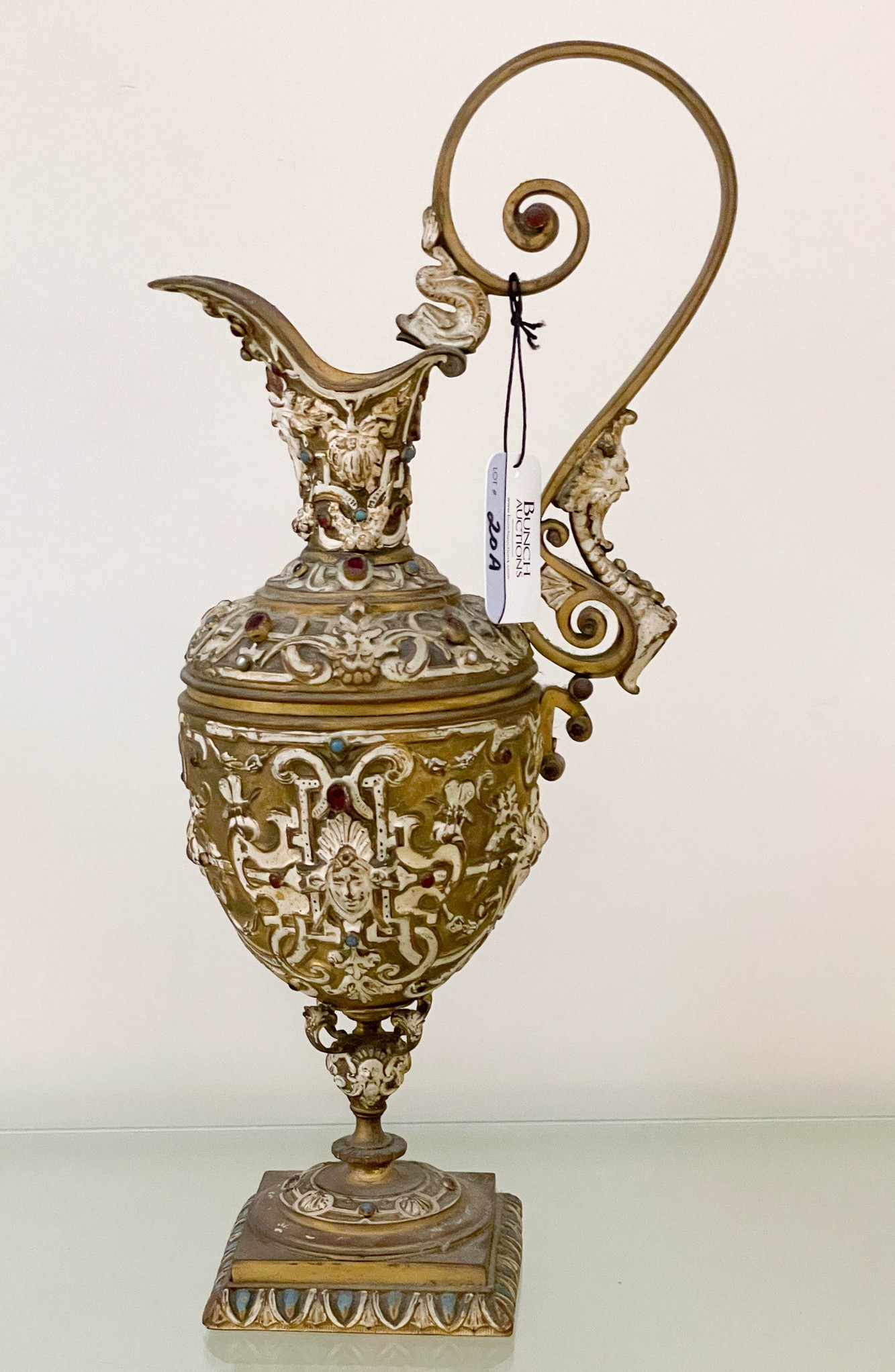 Appraisal: Brass ewer form hinged box egg shaped body applied stones