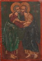 Appraisal: A Russian Painted Icon ca th Century Embracing apostles text