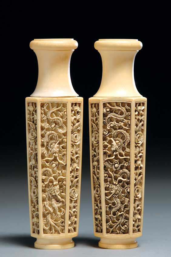 Appraisal: PAIR CARVED IVORY VASES Pair of Chinese carved ivory vases