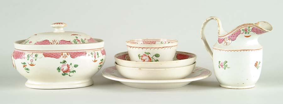 Appraisal: SIX PIECES OF DECORATED EARLY SOFT PASTE Decorated in pink