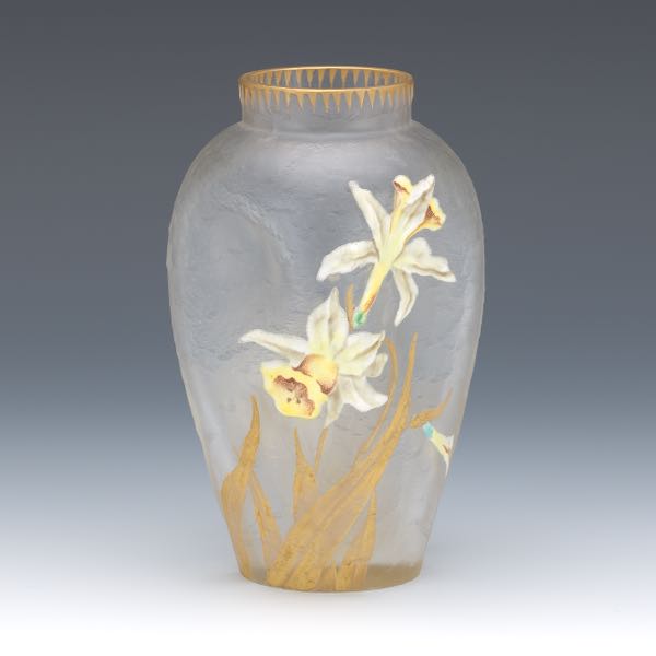 Appraisal: MONT JOYE DAFFODIL VASE CA x Enameled and clear glass