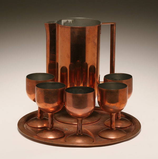 Appraisal: Machine Age copper wash drink set on tray pc Pitcher