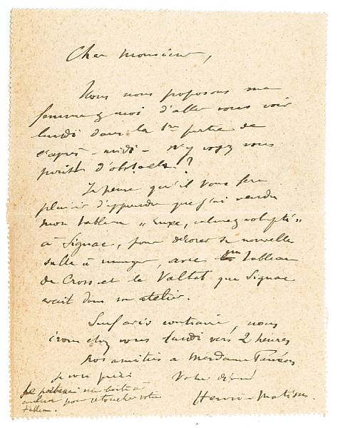 Appraisal: MATISSE HENRI - Autograph Letter Signed Henri Matisse p mo