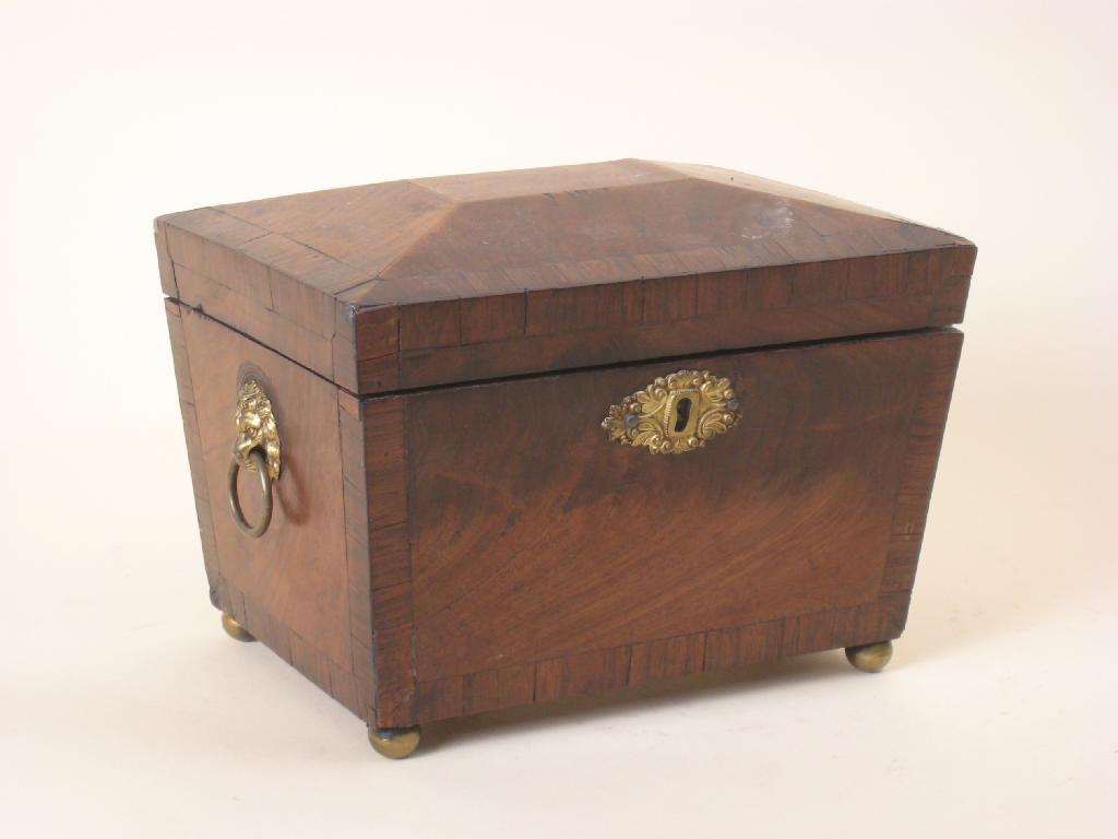 Appraisal: An early th Century mahogany sarcophagus shaped Tea Caddy brass