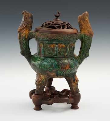 Appraisal: A Chinese Sancai Glazed Pottery Censer on Stand The large