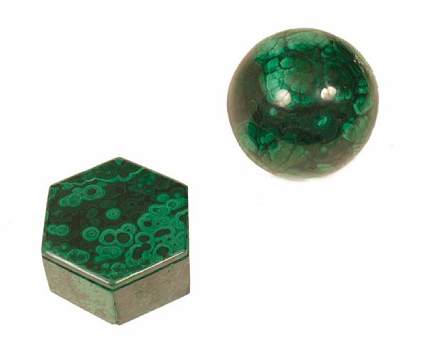 Appraisal: Malachite Sphere and Malachite Box Zaire Both showing concentric banding