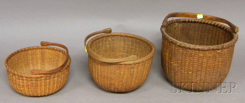 Appraisal: Three Nantucket Circular Woven Open Baskets with Swing Handles unsigned